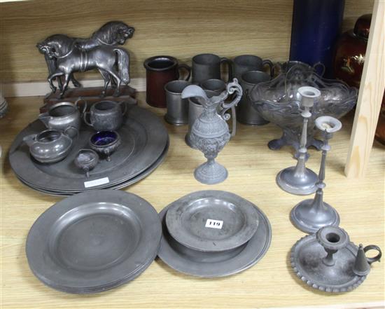A collection of pewter wares